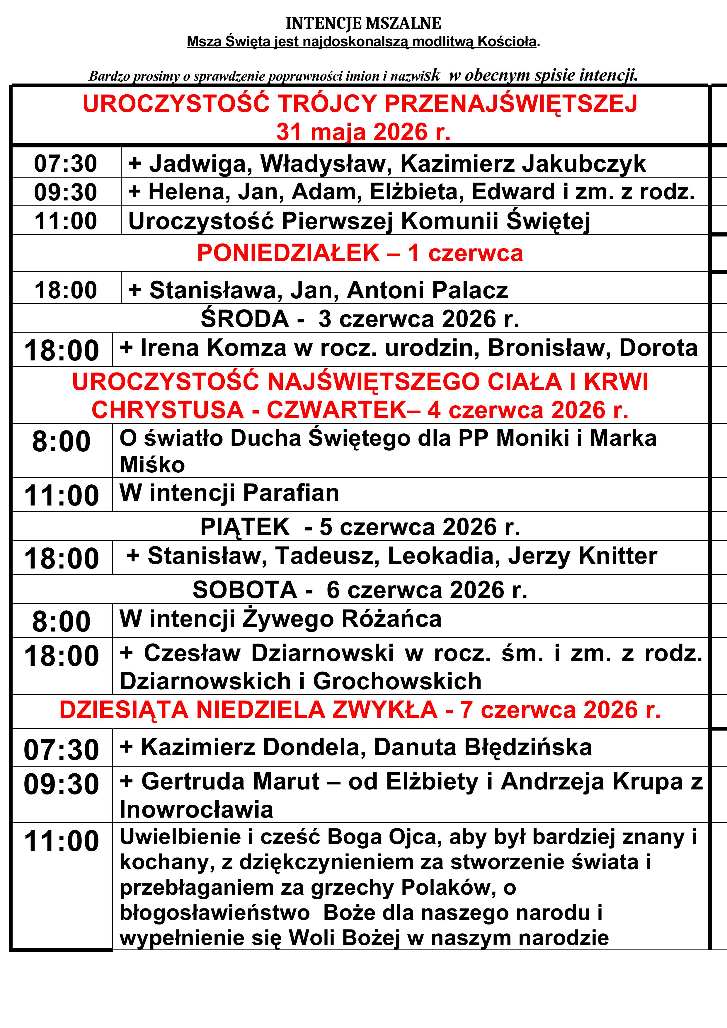 Intencje mszalne 31.05-7.06.2026