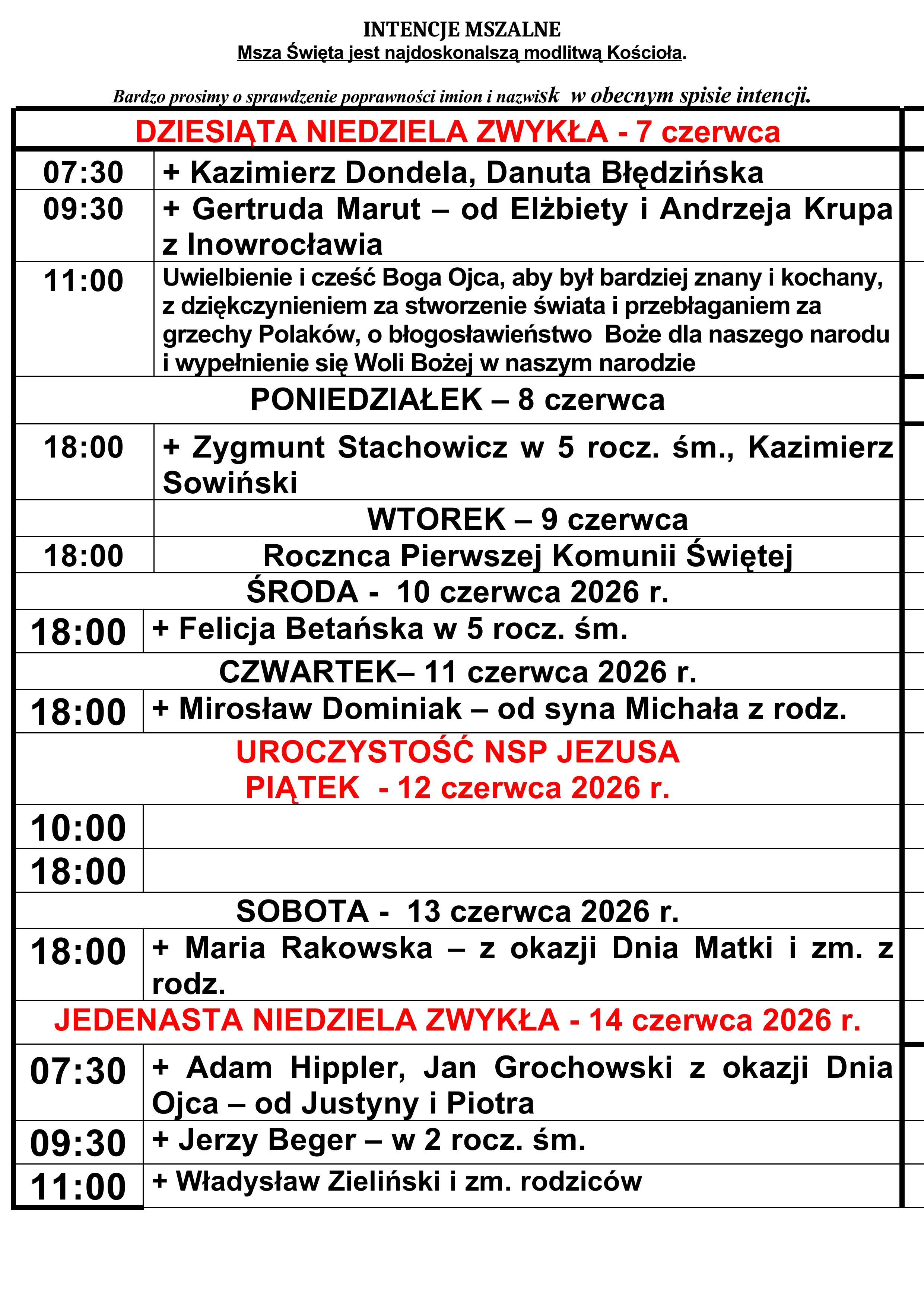 Intencje mszalne 7-14.06.2026